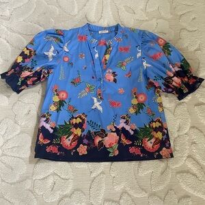 Floral Blue Blouse with Bird Print